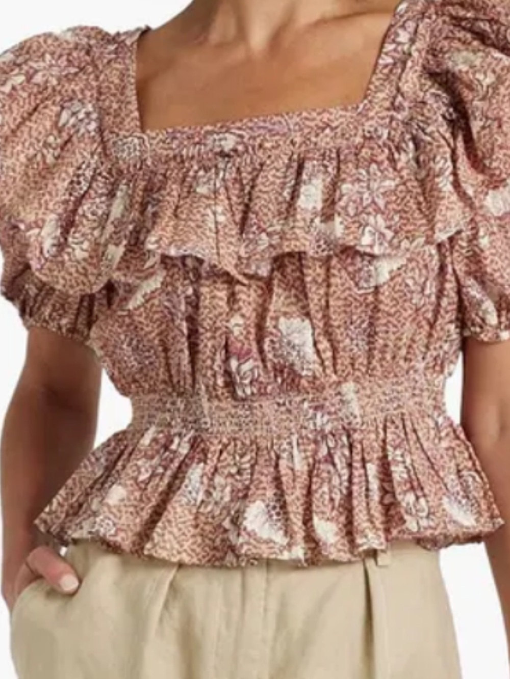 Ulla Johnson Rust Floral Smocked Ruffle Peasant Top Sz 10